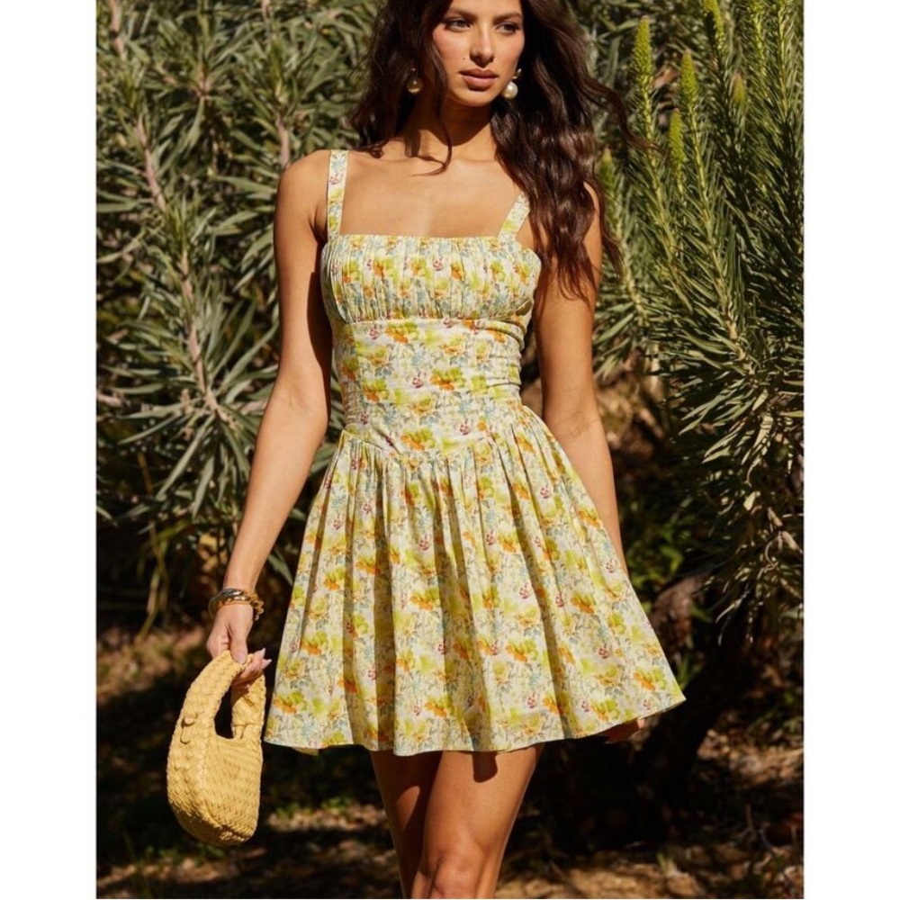 Astr Yellow Floral Square-Neck Mini Dress Size XL